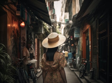 Girl wearing a hat as she walks in the narrow street. Illustration photo