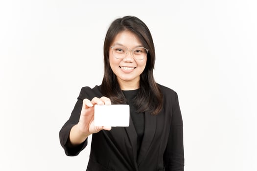 Holding Blank Bank Card Or Credit Card Of Beautiful Asian Woman Wearing Black Blazer photo