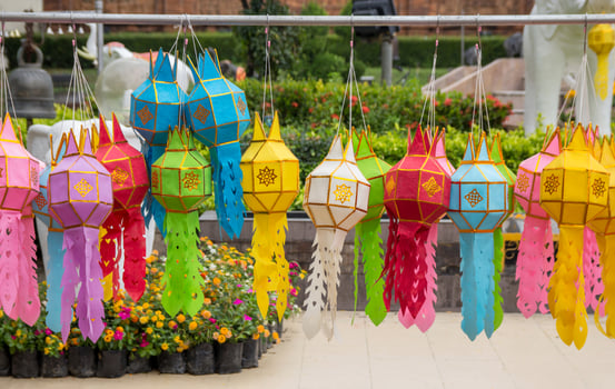 colorful hanging lanterns lighting in loy krathong festival at northern of thailand photo