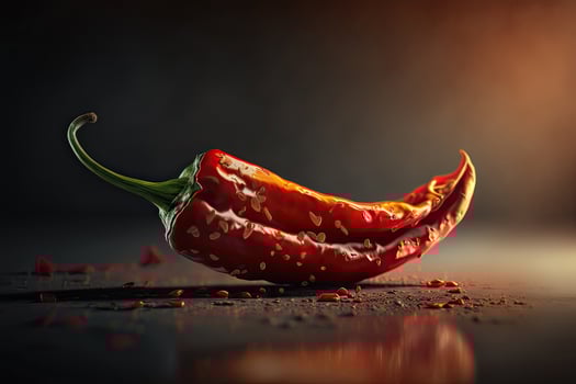 Pod of red chili pepper with green stalk, a spicy seasoning for oriental dishes on a dark background. . photo