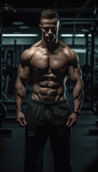 Muscular bodybuilder male athlete demonstrates her body in the gym. photo