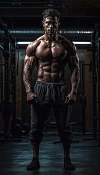 Muscular bodybuilder male athlete demonstrates her body in the gym. photo