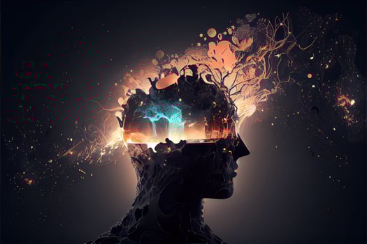illustration of Metaverse concept and virtual world elements. Silhouette of a human face in augmented or virtual reality headset. Neural network art photo
