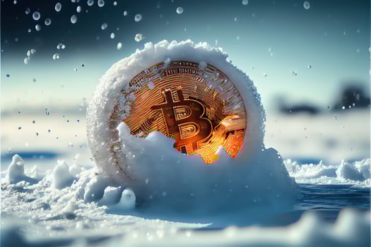 illustration of frozen bitcoin, cold and snow. Bit coin symbol in ice and snow photo