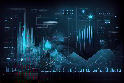 illustration of financial charts, futuristic, silhouette crypto currency market, isometric, blue background photo