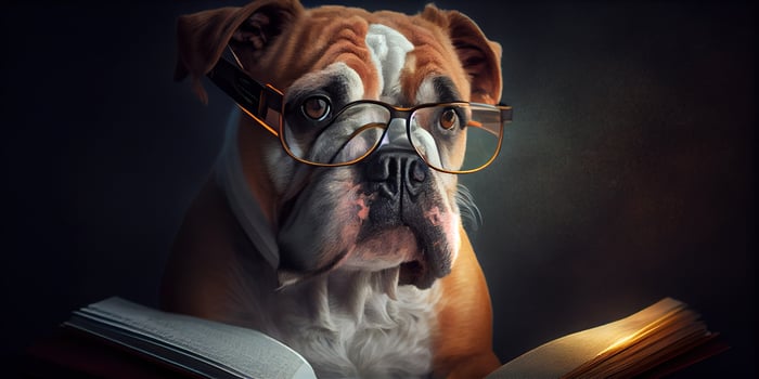illustration of Intelligent serious dog in glasses reading a book, volumn light photo
