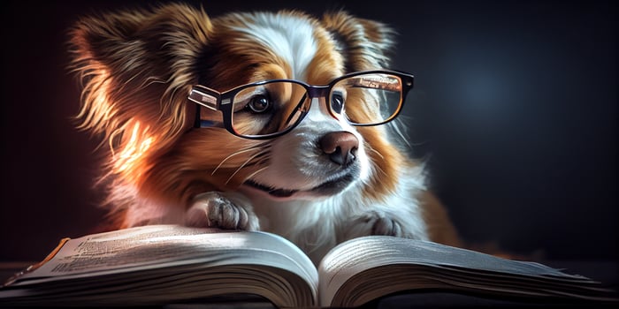 illustration of Intelligent serious dog in glasses reading a book, volumn light photo