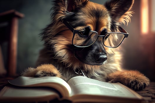 illustration of Intelligent serious dog in glasses reading a book, volumn light photo
