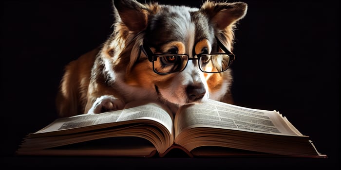 illustration of Intelligent serious dog in glasses reading a book, volumn light photo