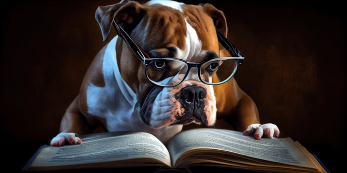 illustration of Intelligent serious dog in glasses reading a book, volumn light photo