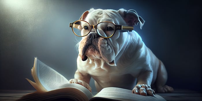 illustration of Intelligent serious dog in glasses reading a book, volumn light photo