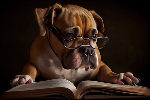 illustration of Intelligent serious dog in glasses reading a book, volumn light photo