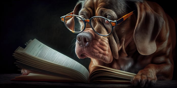 illustration of Intelligent serious dog in glasses reading a book, volumn light photo