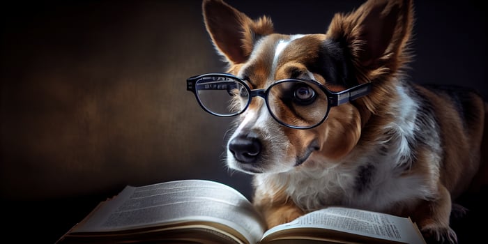 illustration of Intelligent serious dog in glasses reading a book, volumn light photo
