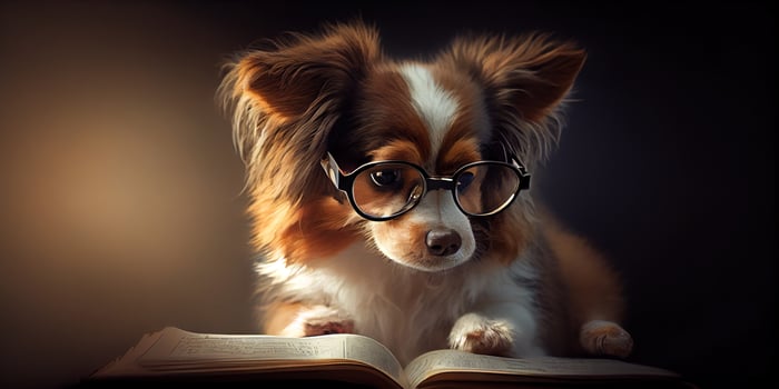 illustration of Intelligent serious dog in glasses reading a book, volumn light photo