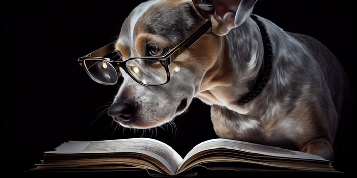illustration of Intelligent serious dog in glasses reading a book, volumn light photo