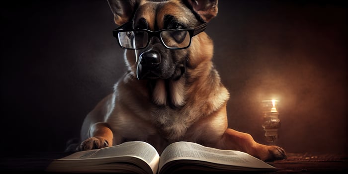 illustration of Intelligent serious dog in glasses reading a book, volumn light photo