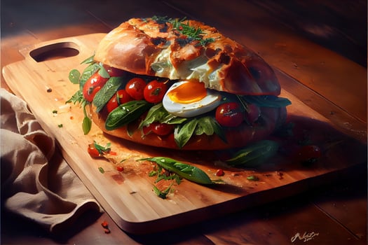 illustration of luxury italian sun sandwich, sitting on a wood board in a small Italian deli photo