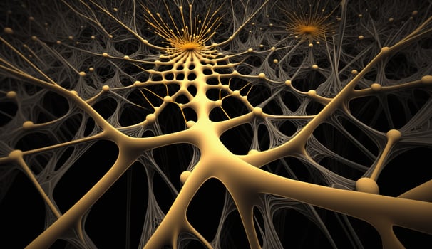 , Conceptual illustration of neuron cells with glowing link knots in abstract dark space, high resolution. Human nervous system, neural network photo