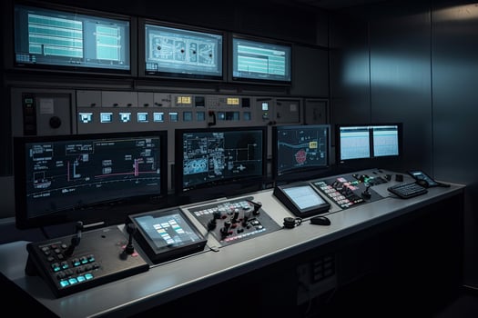 Central control panel. Operator workplace with a lot of screens and buttons for monitoring technology process at production line. Created with photo
