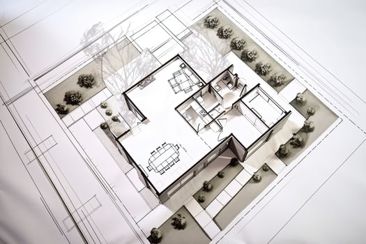 Architectural plan on white paper. Technical project of living room. Drawing for construction. Created with photo