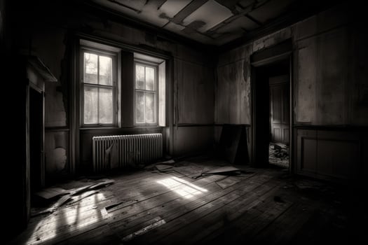 An abandoned House viewed from a room inside created with technology. photo