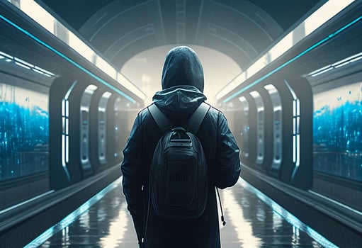 Young woman in a raincoat on the platform of a subway station photo
