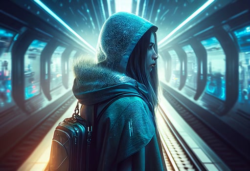 Young woman in a raincoat on the platform of a subway station photo