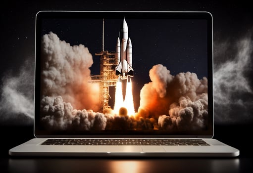 Rocket coming out of a laptop screen on a dark background. 3d rendering. photo