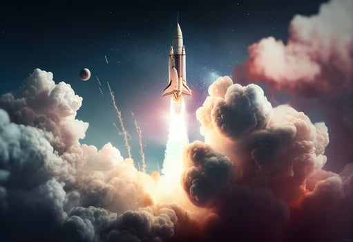 Rocket taking off into space. Mixed media. Mixed media. Mixed media photo