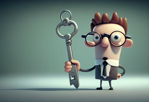 Real estate concept, Businessman holding a key in his hand. 3d cartoon illustration. photo
