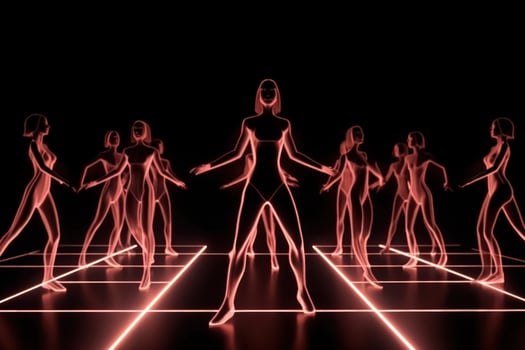 dancing neon cyber girls red hologram photo