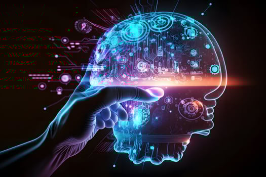 Colorful global connection network system light brain and hand photo