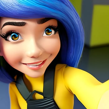 Beautiful cartoon smiling girl with blue hair taking a selfie. photo