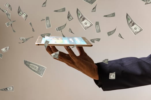 Business people stand with money Happy, full of dollar notes Financial well-being, the concept of financial success. photo
