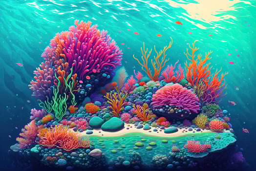 Colorful sea background with rocky bottom boulders algae and corals by photo