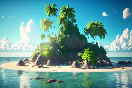 Colorful cartoon tropical rocky island with palm trees and beautiful turquoise water around. . photo