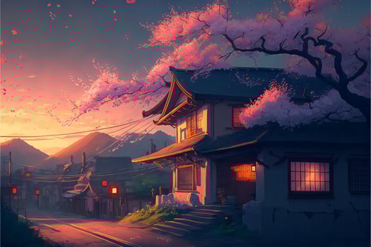 Japanese village with mountains and cherry blossoms in the background. . photo