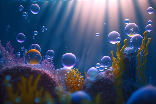 Bright blue underwater landscape with bright sun rays plankton algae and air bubbles.Underwater world cartoon illustration.. photo