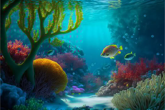 Colorful multicolored underwater landscape with coral fish and algae in blue water and sun rays Sea background cartoon illustration.. photo
