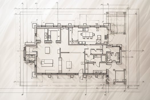 Architectural plan on white paper. Technical project of living room. Drawing for construction. Created with photo