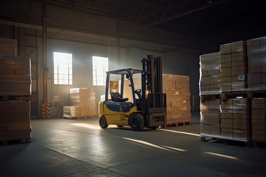 Forklift for loading pallets with packages in warehouse interior. Commercial distribution warehouse with shelves and boxes. Created with photo