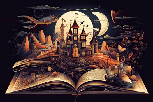Open magical book with fantasy landscape over pages. Created with photo