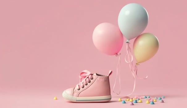 Pink baby shoes with colorful balloon on pink background with space for tex. minimal hollyday concept, photo
