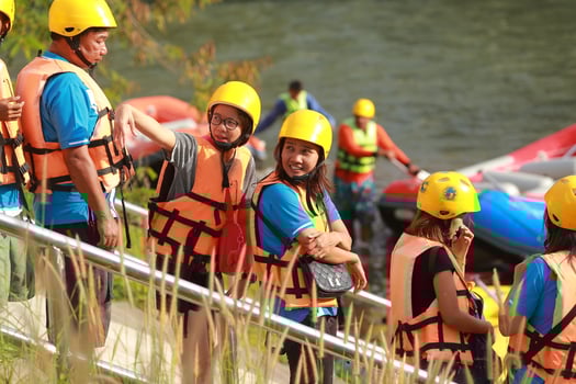 NAKHONNAYOK, THAILAND,DECEMBER 19  Group of adventurer doing white water rafting at dam, on December 19, 2015,The river is popular for its scenic nature view. photo