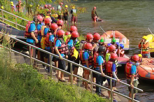NAKHONNAYOK, THAILAND,DECEMBER 19  Group of adventurer doing white water rafting at dam, on December 19, 2015,The river is popular for its scenic nature view. photo