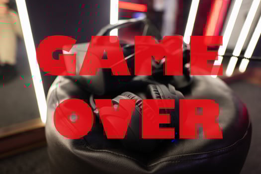 Game over concept. Professional headphones with microphone and vr glasses for video games and cyber sports on background. photo