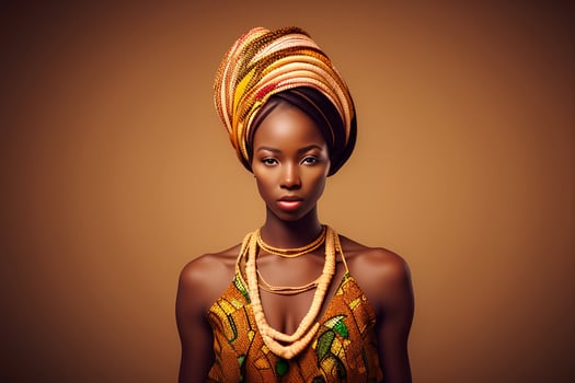 A woman in a traditional dress with a gold necklace and a scarf photo