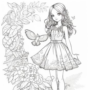 Fashionable Girl with Butterfly Parrot in coloring book photo