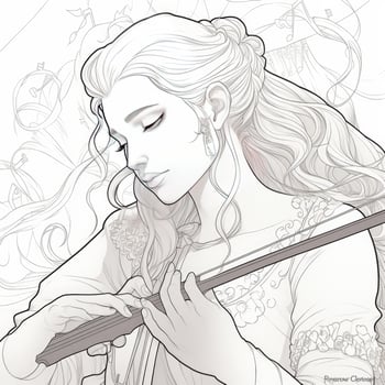 A coloring book line art drawing of a Pretty girl playing instrument photo